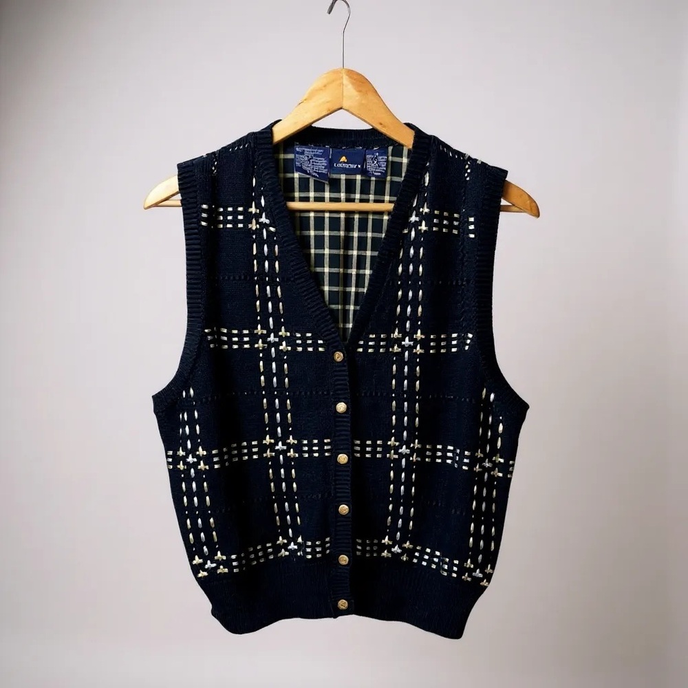 Vintage 90’s Liz Sport Navy Plaid Knit Vest Medium/ Navy Preppy Y2K